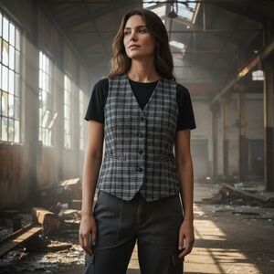 RUSS - SIZE LARGE - VINTAGE CHECKED BUTTON FRONT LINED VEST - EXC COND